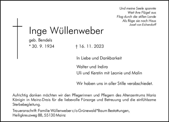 Traueranzeige von Inge Wüllenweber von Allgemeine Zeitung Mainz