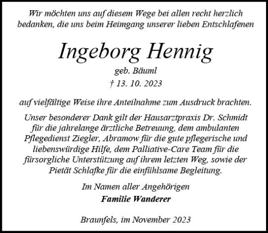 Traueranzeige von Ingeborg Hennig von Wetzlarer Neue Zeitung