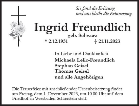 Traueranzeige von Ingrid Freundlich von Wiesbadener Kurier