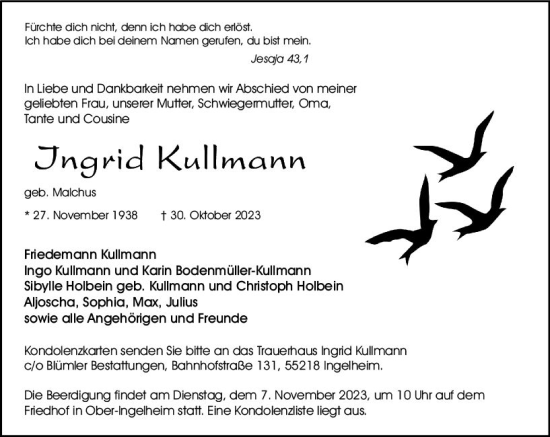 Traueranzeige von Ingrid Kullmann von Allgemeine Zeitung Bingen/Ingelheim