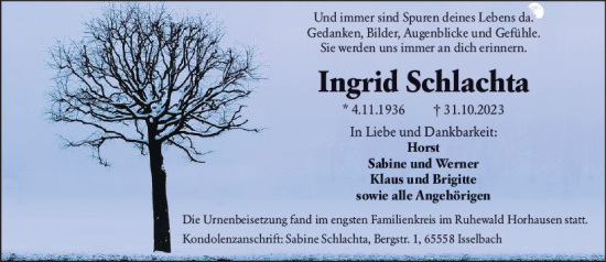 Traueranzeige von Ingrid Schlachta von Wiesbadener Kurier