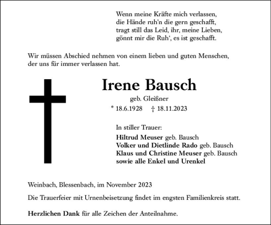 Traueranzeige von Irene Bausch von Weilburger Tageblatt