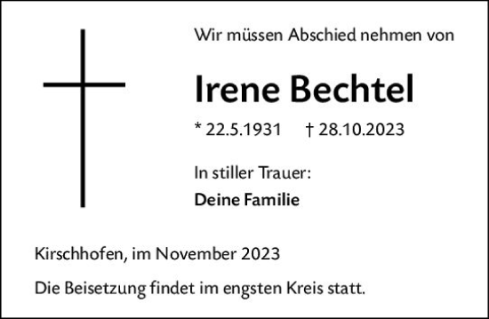 Traueranzeige von Irene Bechtel von Weilburger Tageblatt
