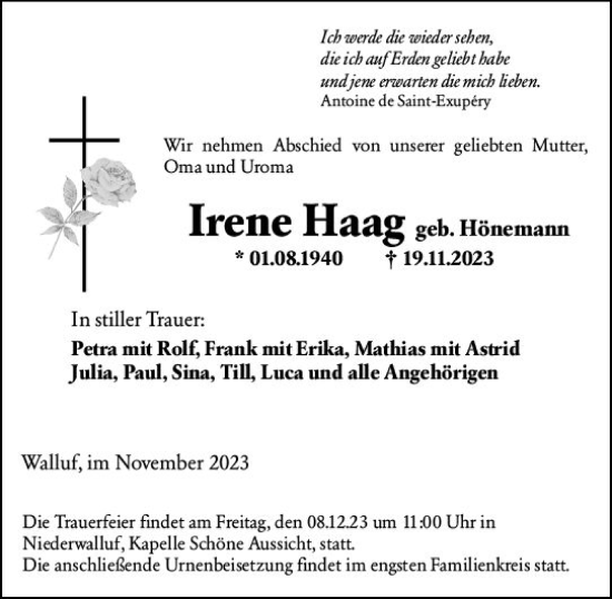Traueranzeige von Irene Haag von Wiesbadener Kurier