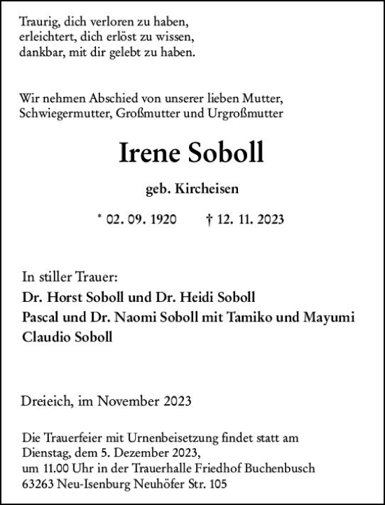 Traueranzeige von Irene Soboll von Wetzlarer Neue Zeitung Traueranzeige von Irene Soboll von Wetzlarer Neue Zeitung