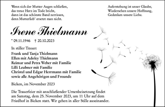 Traueranzeige von Irene Thielmann von Dill Block
