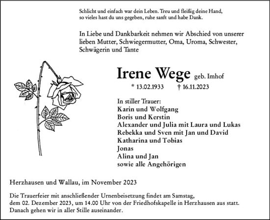 Traueranzeige von Irene Wege von Hinterländer Anzeiger