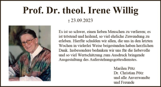 Traueranzeige von Irene Willig von Allgemeine Zeitung Mainz