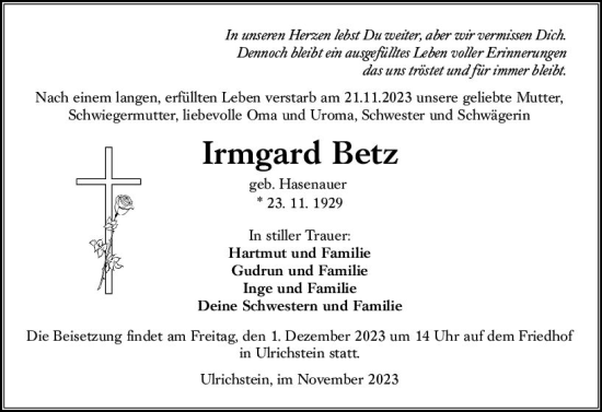 Traueranzeige von Irmgard Betz von VRM Trauer
