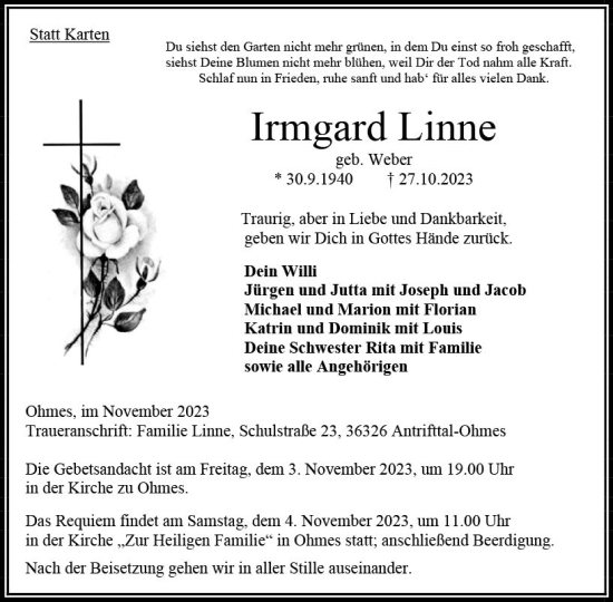 Traueranzeige von Irmgard Linne von VRM Trauer Traueranzeige von Irmgard Linne von VRM Trauer