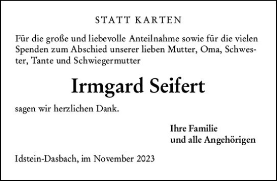 Traueranzeige von Irmgard Seifert von Rheingau Kurier