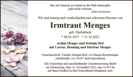 Traueranzeige von Irmtraut Menges von Idsteiner Land/Untertaunus
