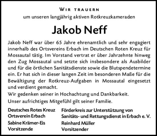Traueranzeige von Jakob Neff von Odenwälder Echo