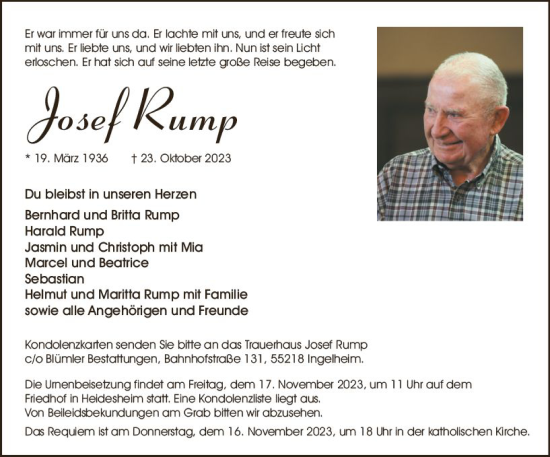 Traueranzeige von Josef Kump von Allgemeine Zeitung Bingen/Ingelheim