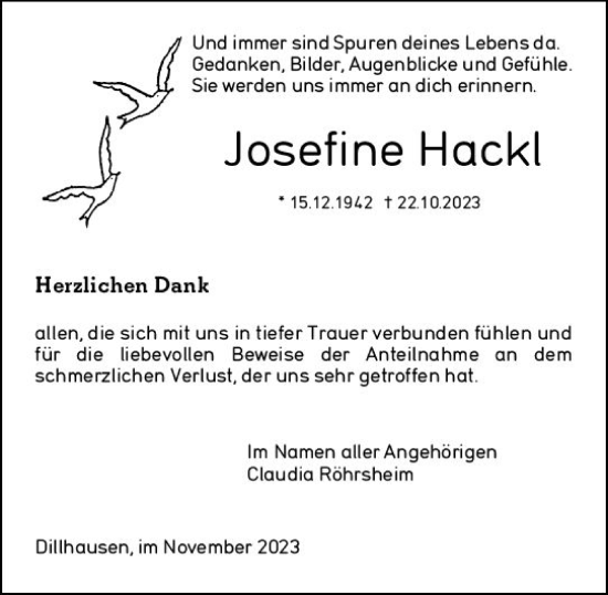 Traueranzeige von Josefine Hackl von Weilburger Tageblatt