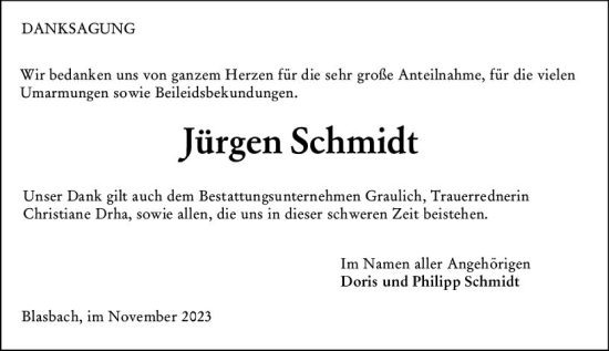 Traueranzeige von Jürgen Schmidt von Wetzlarer Neue Zeitung