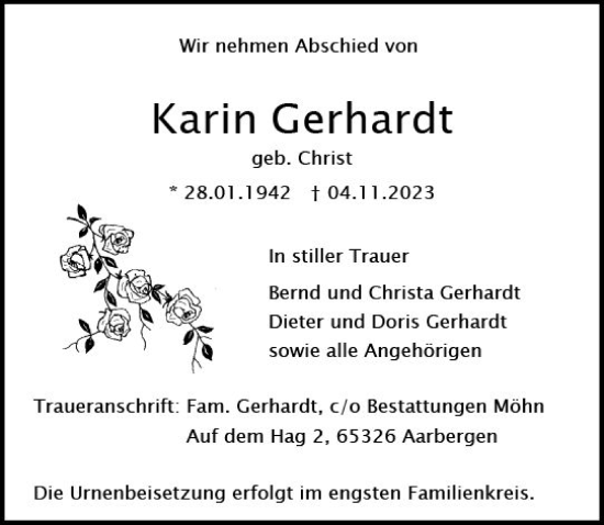 Traueranzeige von Karin Gerhardt von Wiesbadener Kurier