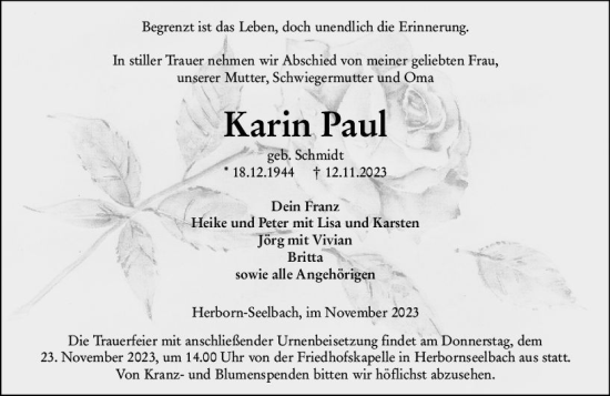 Traueranzeige von Karin Paul von Dill Block Traueranzeige von Karin Paul von Dill Block