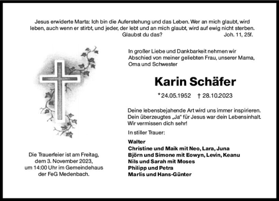 Traueranzeige von Karin Schäfer von Dill Block