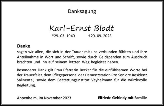 Traueranzeige von Karl-Ernst Blodt von Allgemeine Zeitung Bingen/Ingelheim