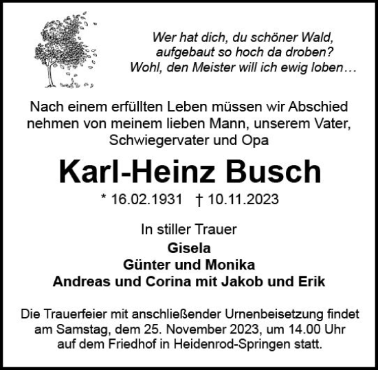 Traueranzeige von Karl-Heinz Busch von Wiesbadener Kurier
