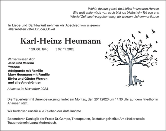 Traueranzeige von Karl-Heinz Heumann von Weilburger Tageblatt