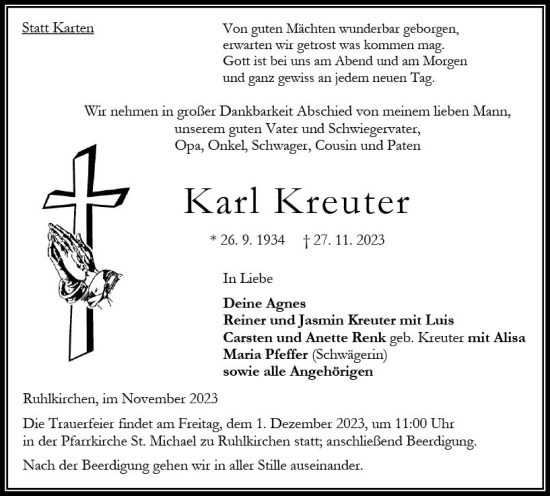 Traueranzeige von Karl Kreuter von VRM Trauer