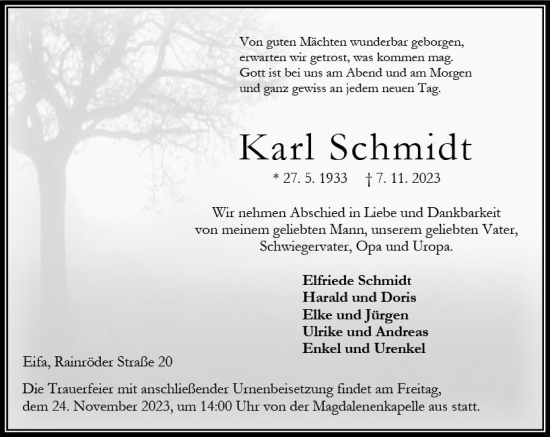 Traueranzeige von Karl Schmidt von Oberhessen Kurier