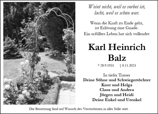 Traueranzeige von Karl Heinrich Balz von Wiesbadener Kurier