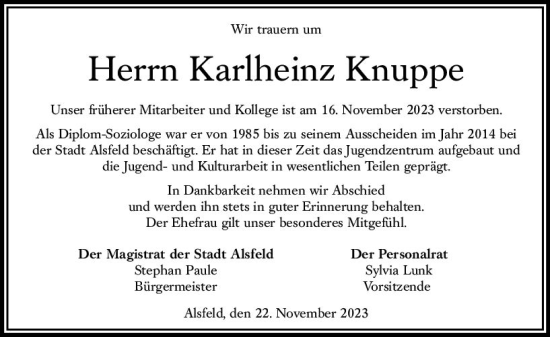 Traueranzeige von Karlheinz Knuppe von VRM Trauer