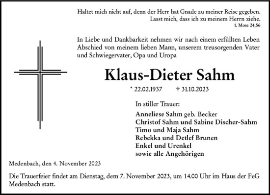 Traueranzeige von Klaus-Dieter Sahm von Dill Block