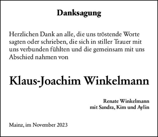 Traueranzeige von Klaus-Joachim Winkelmann von Allgemeine Zeitung Mainz