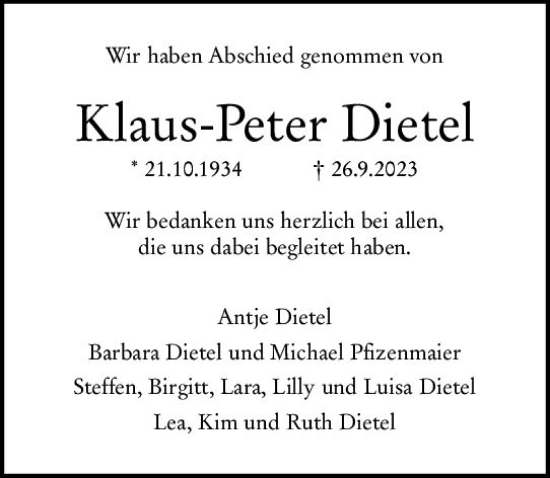Traueranzeige von Klaus-Peter Dietel von Wiesbadener Kurier
