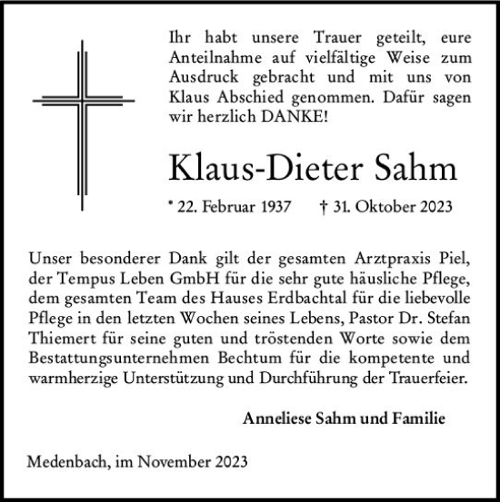 Traueranzeige von Klaus Dieter Sahm von Dill Block