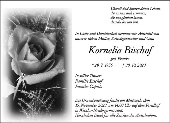 Traueranzeige von Kornelia Bischof von Wetzlarer Neue Zeitung