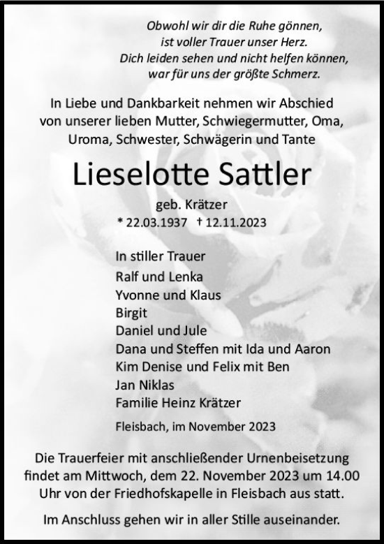 Traueranzeige von Lieselotte Sattler von Dill Block