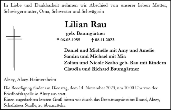 Traueranzeige von Lilian Rau von Allgemeine Zeitung Alzey