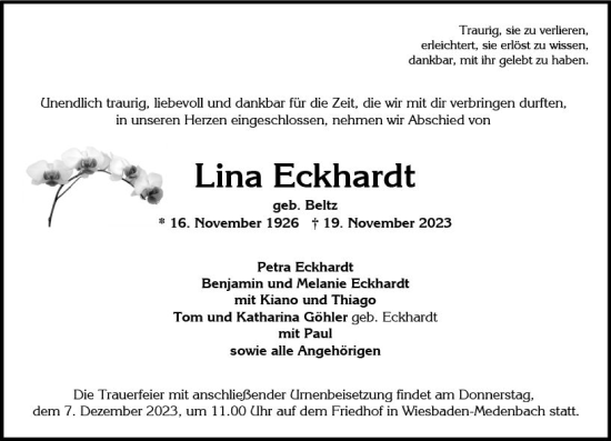 Traueranzeige von Lina Eckhardt von Wiesbadener Kurier