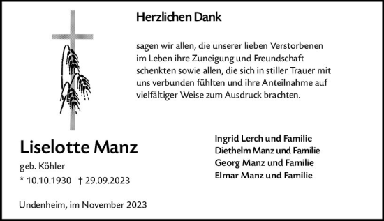 Traueranzeige von Liselotte Manz von Allgemeine Zeitung Mainz