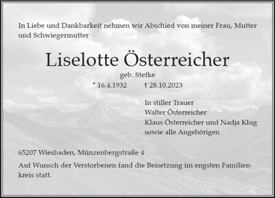 Traueranzeige von Liselotte Österreicher von Wiesbadener Kurier
