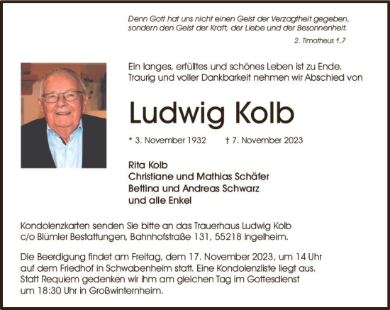 Traueranzeige von Ludwig Kolb von Allgemeine Zeitung Bingen/Ingelheim