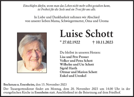 Traueranzeige von Luise Schott von Allgemeine Zeitung Mainz