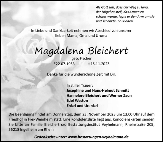 Traueranzeige von Magdalena Bleichert von Allgemeine Zeitung Bingen/Ingelheim