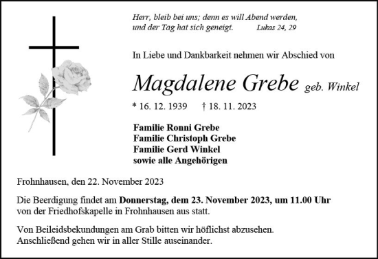 Traueranzeige von Magdalene Grebe von Dill Block