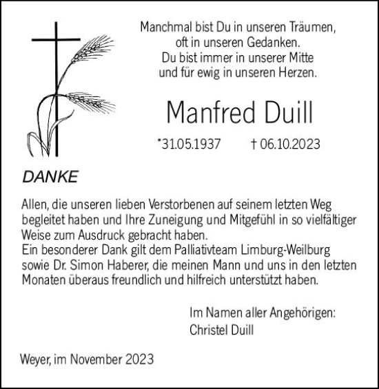 Traueranzeige von Manfred Duill von Weilburger Tageblatt