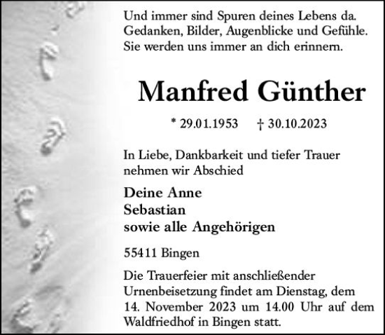 Traueranzeige von Manfred Günther von Bingen/Ingelheim WOBL inkl. Neue Binger Ztg.