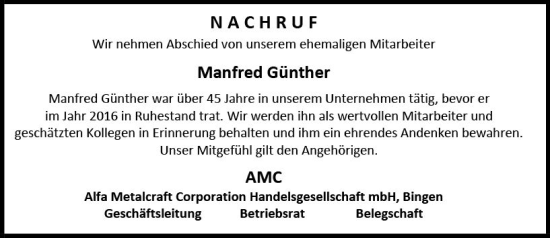 Traueranzeige von Manfred Günther von Allgemeine Zeitung Bingen/Ingelheim