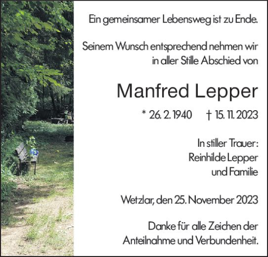 Traueranzeige von Manfred Lepper von Wetzlarer Neue Zeitung