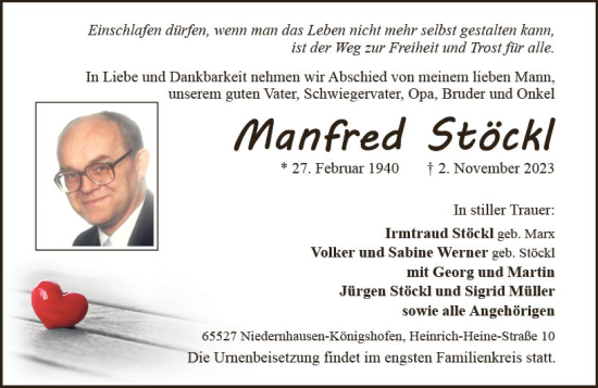 Traueranzeige von Manfred Stöckl von Wiesbadener Kurier