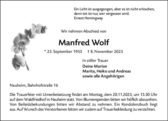 Traueranzeige von Manfred Wolf von Rüsselsheimer Echo